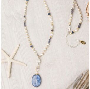 Anne Vaughan Seaside Kyanite, Freshwater Pearl, Iolite Collage Focal Necklace
